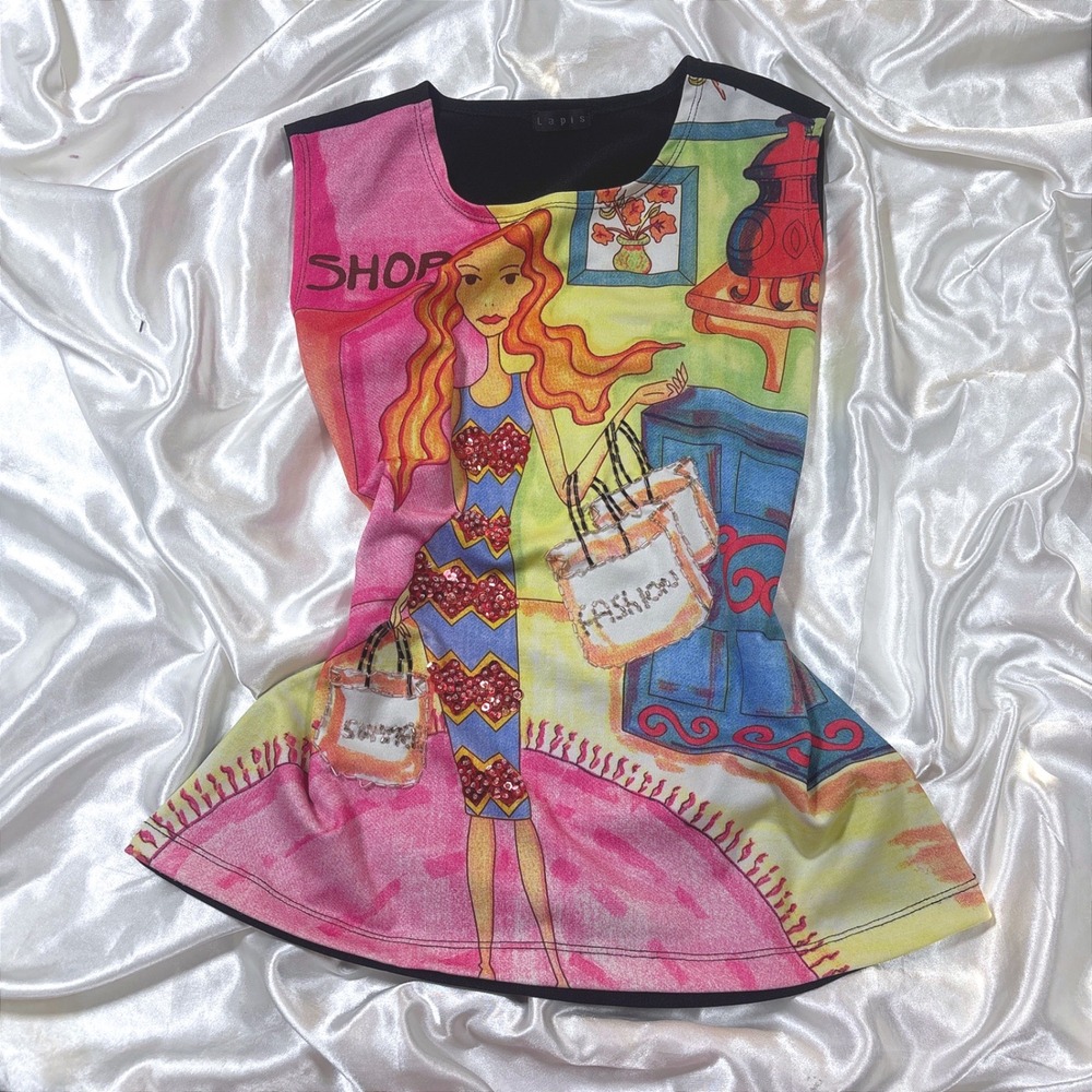 y2k Tank Top Multicolor Excellent Lapis Sequin Beaded Shopping Graphic 6129